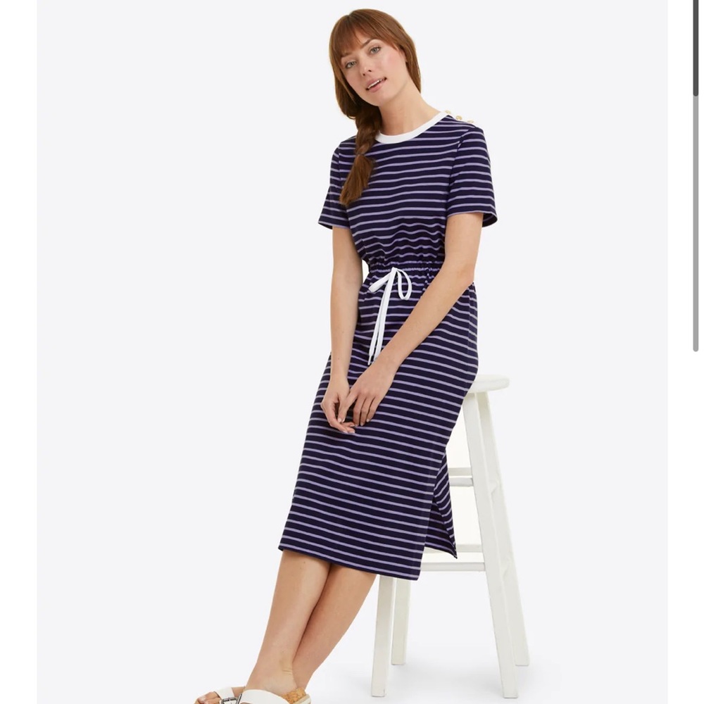 NWT Draper James Size Small Tie Waist Midi T-Shirt Dress in Nassau Navy Mariner